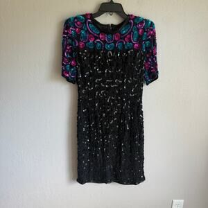 Vintage Stenay Black 100% Silk Heavily Beaded Sequins Dress Womens 4 Formal